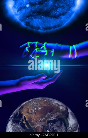 Woman and robot hands as a symbol of partnership between people and technology. Unity of natural and technical worlds. Elements of this image furnishe Stock Photo