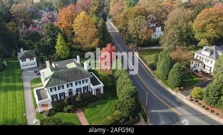 Lancaster, Pennsylvania - Oct 26 2019: Aerial view of luxurious mansion in suburban neighbourhood of Lancaster, PA. Stock Photo