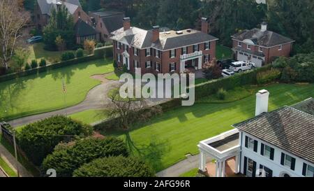 Lancaster, Pennsylvania - Oct 26 2019: Aerial view of luxurious mansion in suburban neighbourhood of Lancaster, PA. Stock Photo