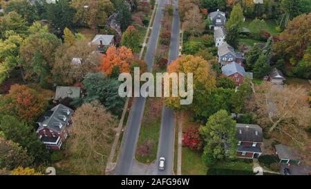 Suburban residential area with two lane road beneath alley of trees in colourful autumn foliage, fancy housing in luxurious neighbourhood, traditional Stock Photo