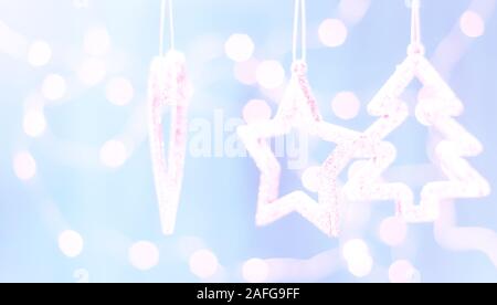 Christmas decorations on a blue abstract background, Space for text. Stock Photo