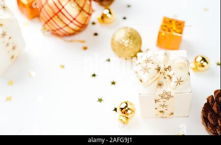 golden christmas balls on white background, christmas card Stock Photo