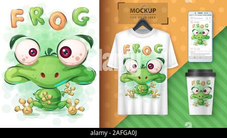 Green frog poster and merchandising Stock Vector
