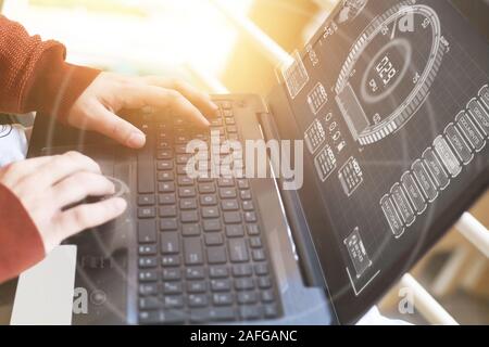 Photo of hands working on the laptop. Isolated on a white background. Stock Photo