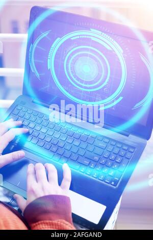 Photo of hands working on the laptop. Isolated on a white background. Stock Photo