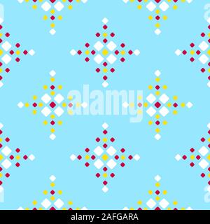 Fair Isle style blue red yellow white vector seamless geometric pattern with rhombus Stock Vector