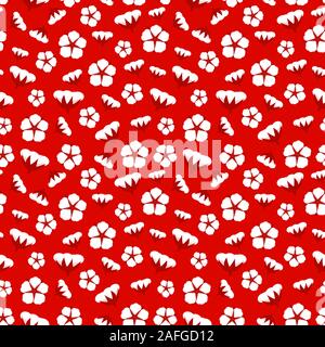 Cotton ball seamless pattern. Red texture with cotton bloom. Warm winter floral surface design. Vector stock illustration background holiday wallpaper Stock Vector