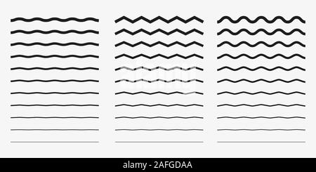 Wave, wavy - curved and zig zag icon set. Vector illustration, flat design. Stock Vector