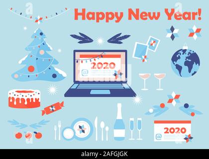 Laptop with New Year card. Notebook and envelope with letter and Merry Christmas title. Xmas set. Modern flat design graphic elements. Vector illustra Stock Vector