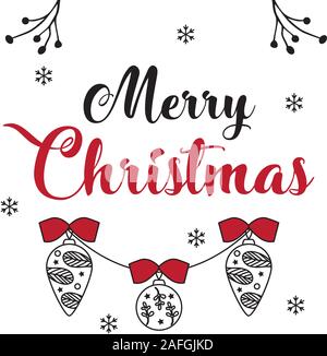 Merry Christmas lettering template for cover, card or invitation on the theme of nature with leaves, tree branches. Vector vintage cartoon illustratio Stock Vector