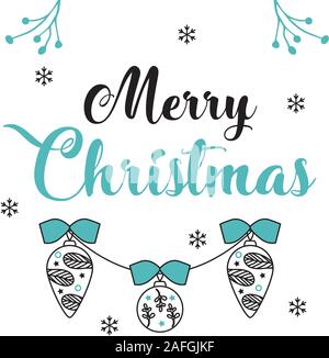 Merry Christmas lettering template for cover, card or invitation on the theme of nature with leaves, tree branches. Vector vintage cartoon illustratio Stock Vector