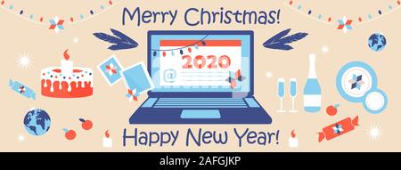 Laptop with Merry Christmas and Happy New Year email card, web page cover. Modern flat design graphic elements. Vector illustration, Xmas set. Stock Vector