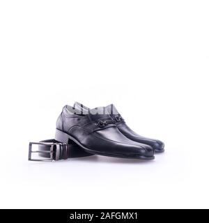 belts and shoe or black colour belts and shoe for men's on background new Stock Photo