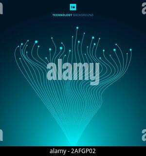 Abstract glowing blue wavy lines motion pattern and dynamic line with particles elements dots light on dark background. Modern technology futuristic c Stock Vector