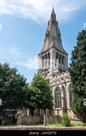 The tower of St Mary's Church with blue sky, Stamford, Lincolnshire, England, UK Stock Photo