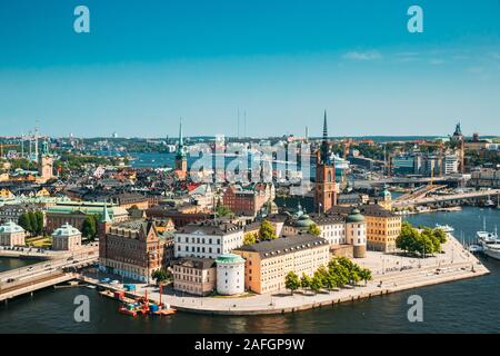 Stockholm, Sweden - June 30, 2019: Riddarholm Church, The Burial Place Of Swedish Monarchs On The Island Of Riddarholmen. Sunny Cityscape Skyline. Ele Stock Photo