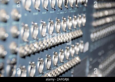 Mixing Sockets. Connections of a sound equipment proffesional xlr audio patch panel. Stock Photo