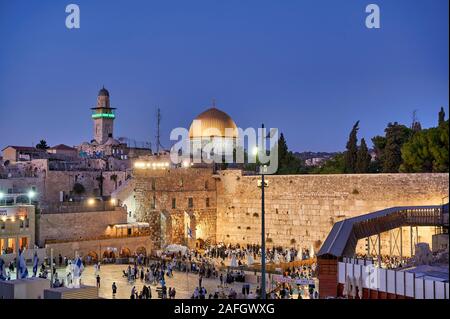 Jerusalem Israel. Dome of the rock, temple mount and wailing wall at sunset Stock Photo