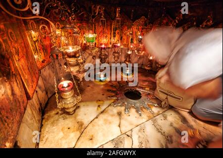 Jerusalem Bethlehem Israel. The grotto of the nativity birthplace of Jesus Stock Photo