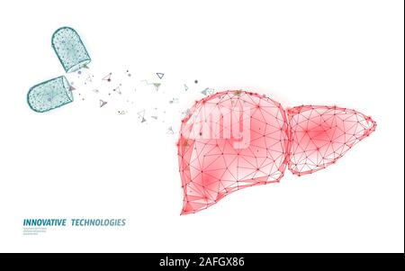 3D medicine liver medical treatment. Hepatitis warning medical therapy digestive protect drug concept. Low poly vector illustration. Stock Vector