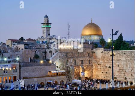 Jerusalem Israel. Dome of the rock, temple mount and wailing wall at sunset Stock Photo