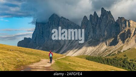 Sporty Young woman on mountain trail Dolomites Mountains, Italy. Sport, success, inspiration Stock Photo