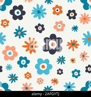 Bold Retro Graphic Floral Vector Seamless Pattern. Simplistic Oversized Hand Drawn Colourful Scattered Daisies, Blooms on White Background. Minimal St Stock Vector