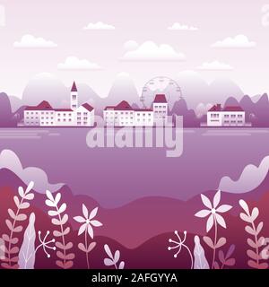 Countryside landscape. Country motif with farm. Beautiful city with houses, clock tower, ferris wheel. Nature with mountains, hills, field, flowers, t Stock Vector