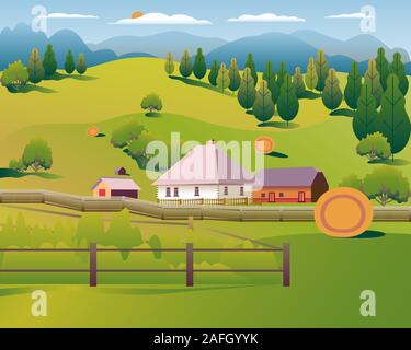 illustration of a farm with mountains clouds and sun vector illu Stock ...