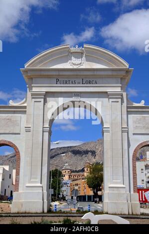 Puertas de Lorca with the Santa Maria de la Encarnacion church to the rear, Velez Rubio, Almeria Province, Andalucia, Spain. Stock Photo