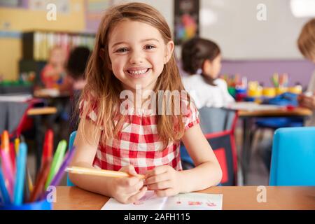 Portrait Of Smiling Female Elementary School Pupil Working At Desk Stock Photo