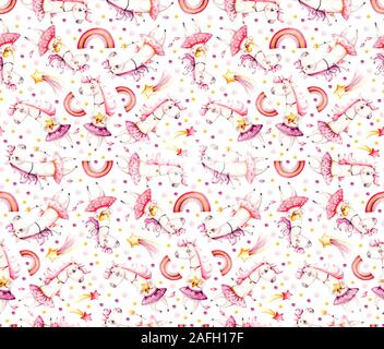 Isolated nursery cute watercolor unicorn seamless pattern. Unicorns aquarelle background. Princess unicorns adorable collection. Trendy pink cartoon f Stock Photo