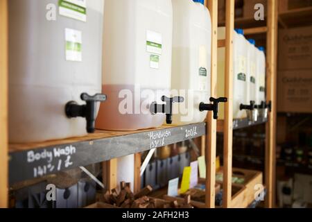 Dispensers For Body And Beauty Products In Sustainable Plastic Free Grocery Store Stock Photo