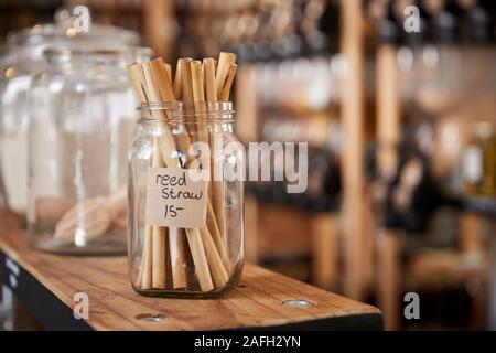 Close Up Of Reed Drinking Straws In Sustainable Plastic Free Grocery Store Stock Photo