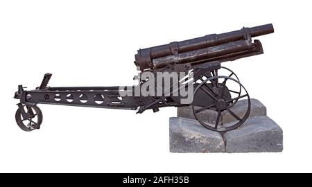 isolated side view cutout of an antique howitzer Canon de 65 M modele 1906 "napoleonchik"  french made cannon on a pure white background Stock Photo
