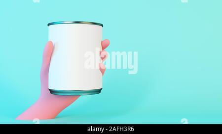pink hand holding tin can mockup 3d rendering Stock Photo