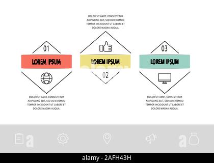 Vector infographic flat template. Triangle with arrows for three diagrams, graph, flowchart, step for step, timeline, presentation. Business concept Stock Vector