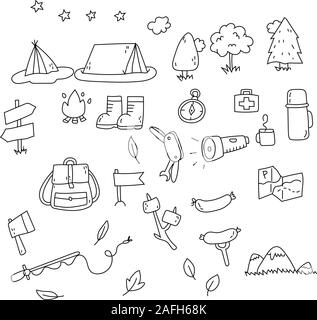 Hand drawn seamless pattern, picnic, travel and camping doodles. Stock Vector