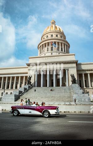 Havana, Cuba - October 18, 2019: Classic Car Taxi in the front of the Capitol in La Habana Vieja, Cuba, Caribe Stock Photo