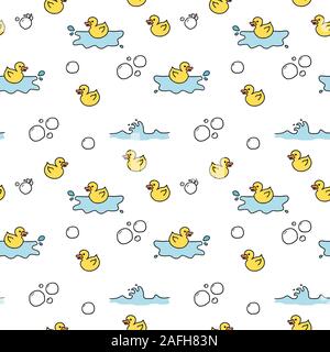 Yellow duck bath toys. Doodle style seamless pattern. Stock Vector