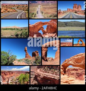 Utah landscapes photo collage - travel collection with national parks (Arches and Canyonlands). Stock Photo