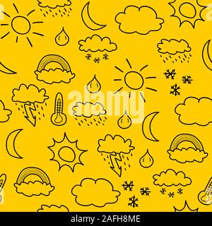 Doodle seamless background texture illustration - weather symbols collection with suns, clouds, storms and snow Stock Vector