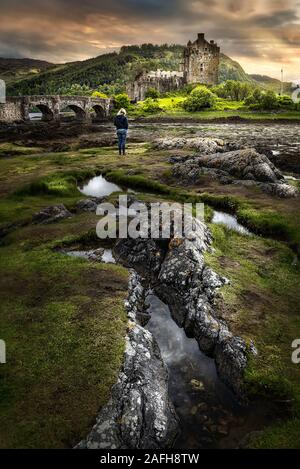 View of Eilean Donan Castle and Loch Duich during the day near Dornie in the Scottish Highlands. Stock Photo