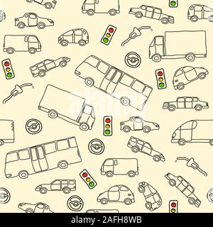 Doodle seamless background texture illustration - vehicle collection with cars, vans, trucks and a bus. Traffic lights and fuel nozzle. Stock Vector