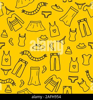 Seamless pattern fashion, clothes and accessories icons and symbols. Fashion theme background doodle. Stock Vector