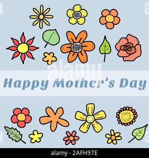 Happy Mother's Day - greeting card with colorful doodle flowers. Holiday celebration. Stock Vector