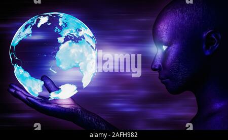 Alien, android, humanoid cyborg watching a holographic blue Earth planet floating over his hand. Blue and ultraviolet colors. Sci-fi, futuristic, scie Stock Photo