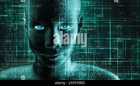 Futuristic and sci-fi human android portrait with pcb metallic skin and binary code green background. AI, IT, technology, robotics, science, transhuma Stock Photo