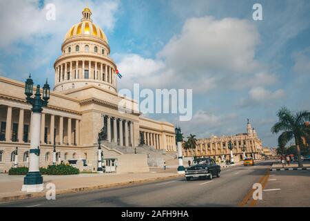 Havana, Cuba - October 18, 2019: Classic Car Taxi in the front of the Capitol in La Habana Vieja, Cuba, Caribe Stock Photo