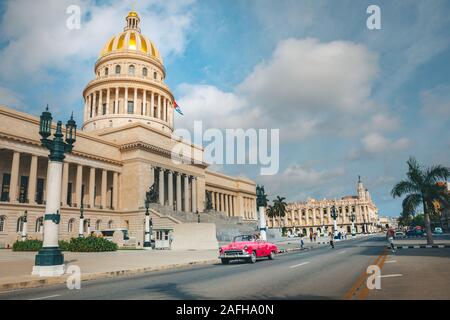 Havana, Cuba - October 18, 2019: Classic Car Taxi in the front of the Capitol in La Habana Vieja, Cuba, Caribe Stock Photo